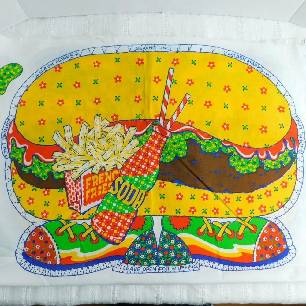 Calico Burger Pillow Panel Fabric Sewing Cushion Vintage Craft Cute Novelty NEW